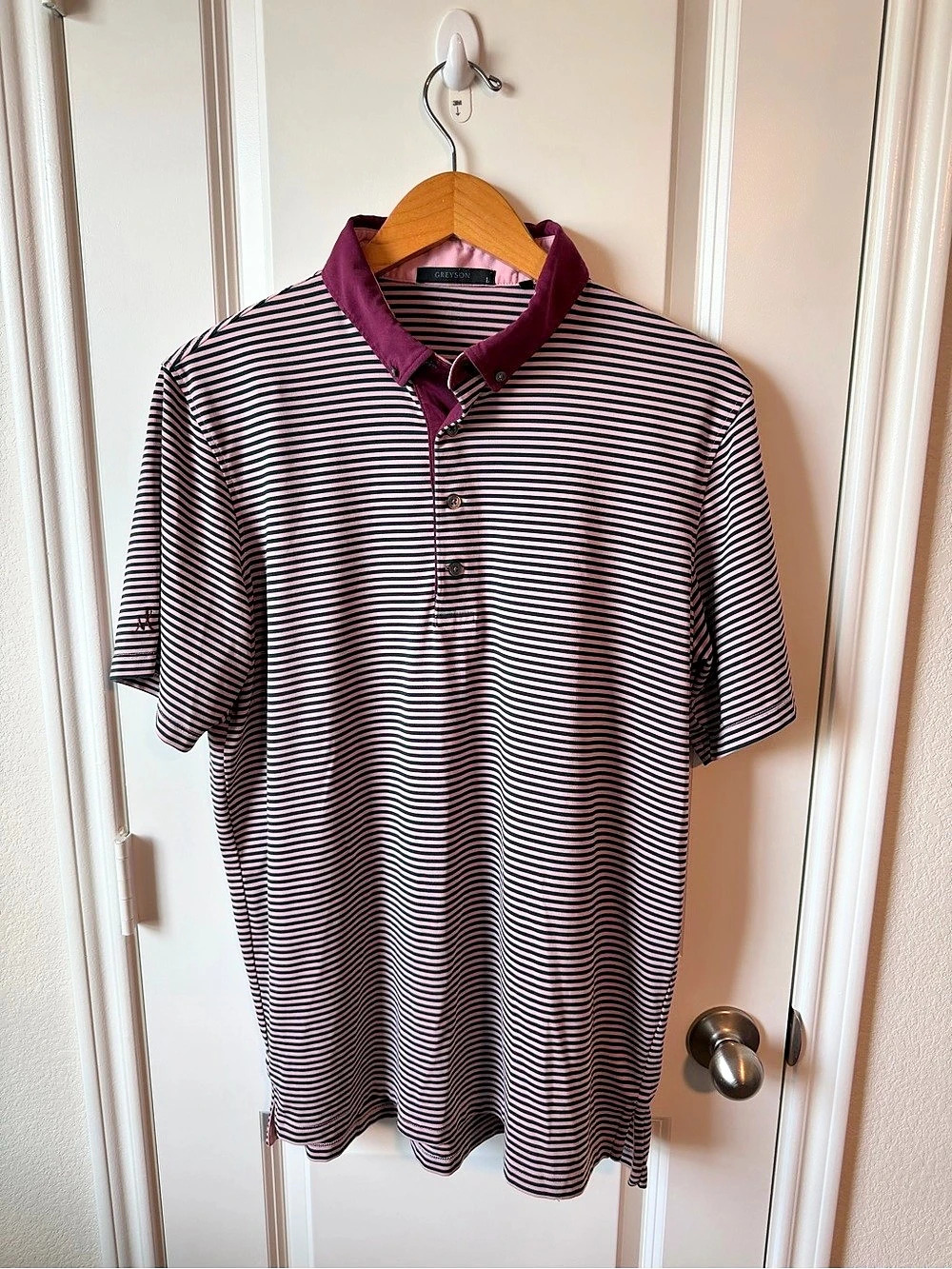 Greyson Performance Golf Striped Short Sleeve Polo Pink & Maroon